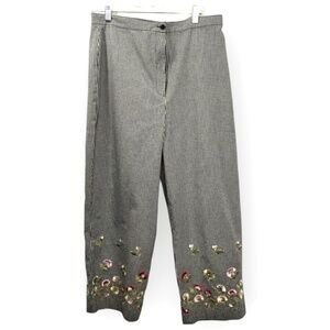 LARRY LEVINE Size 14 Black White Gingham Floral Embroidery Cropped Pants Cotton